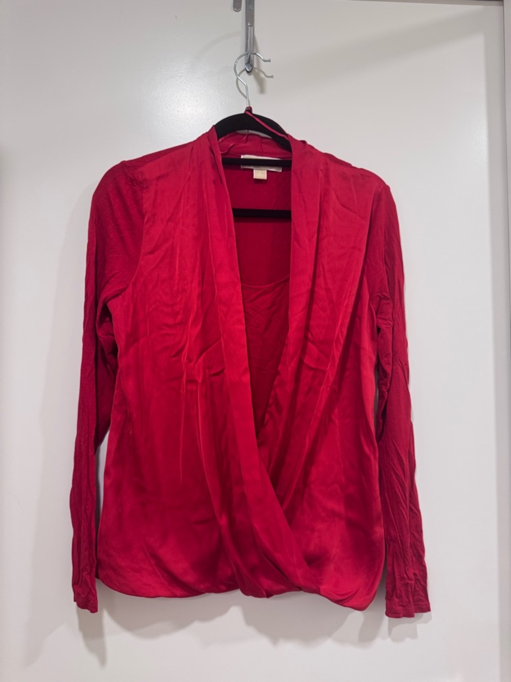 Michael Kors Red Satin Drape Front Blouse with scoop neck liner.